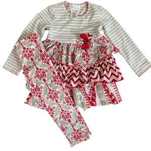Bonnie Jean Girls Red Silver Ruffle Tunic Outfit Sz 4T Chevron Damask Holiday